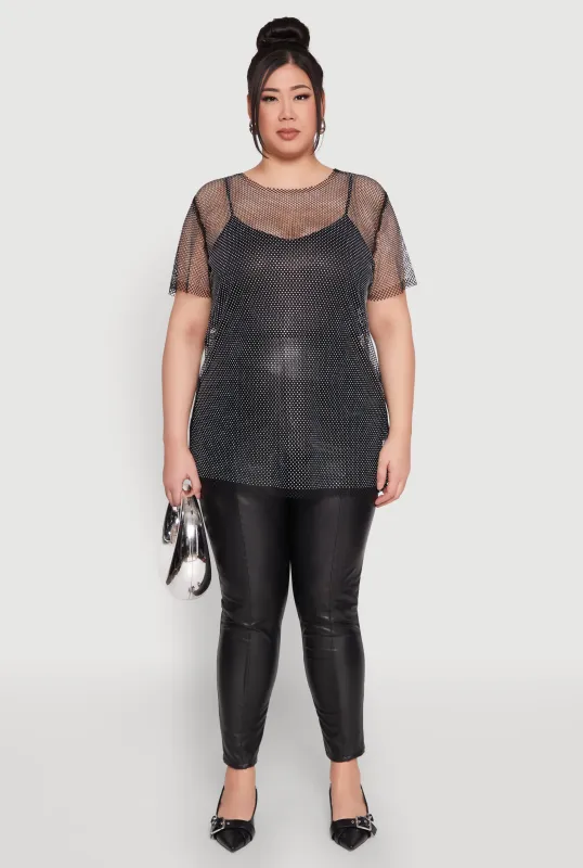 Plus Size Rhinestone Studded Fishnet Top sold by Rainbow
