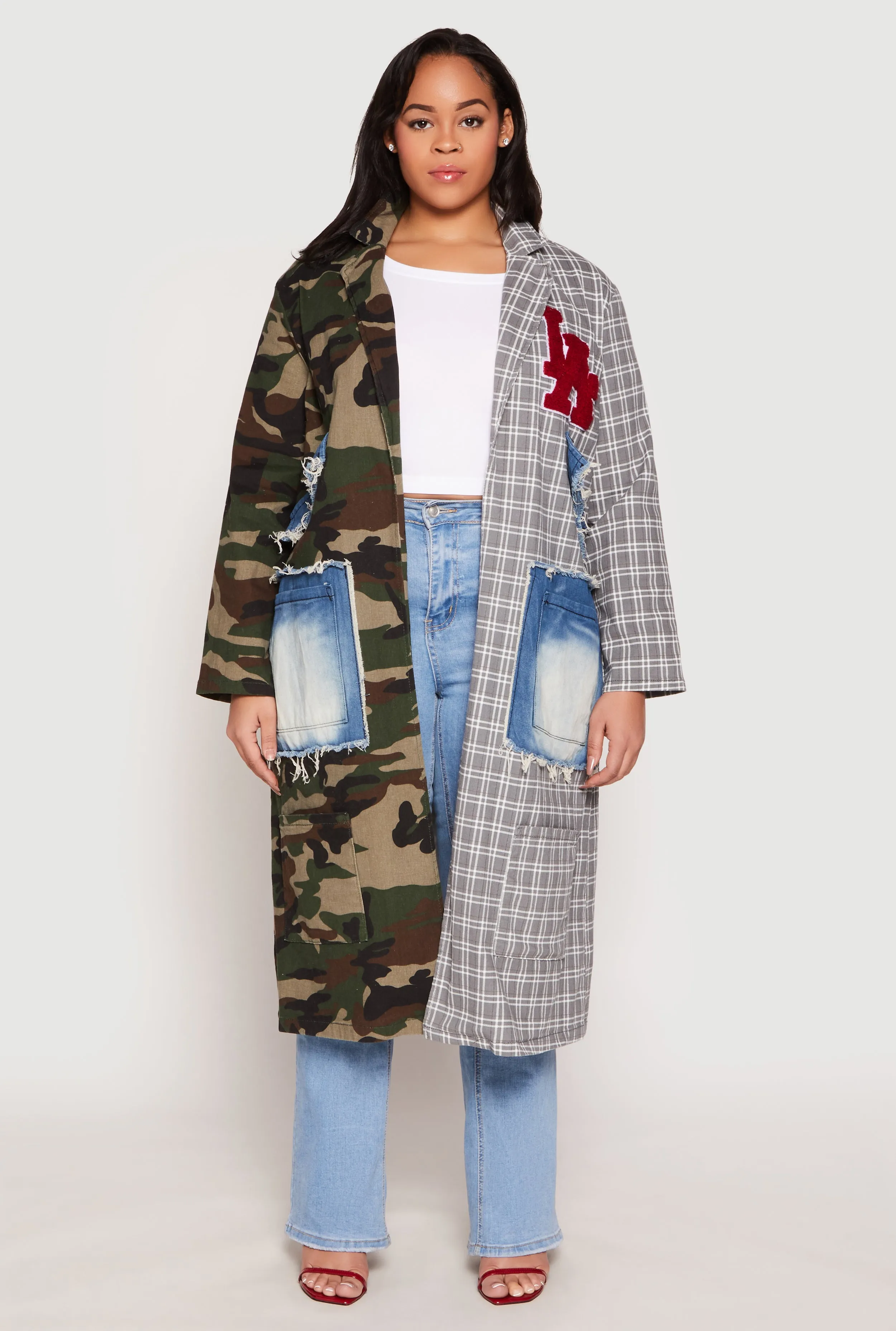 Plus Size LA Chenille Patch Camo Plaid Coat sold by Rainbow