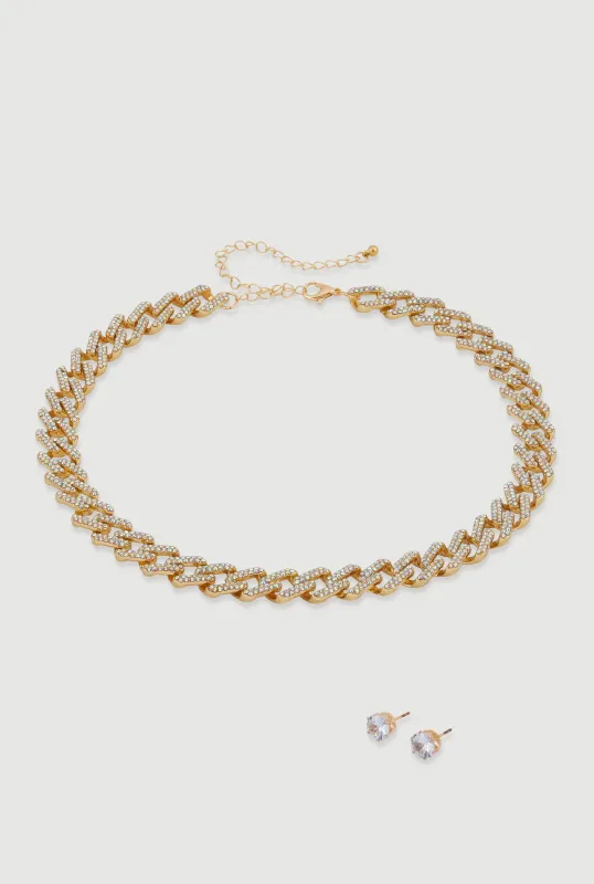 Cubic Zirconia Chain Link Necklace with Stud Earrings sold by Rainbow