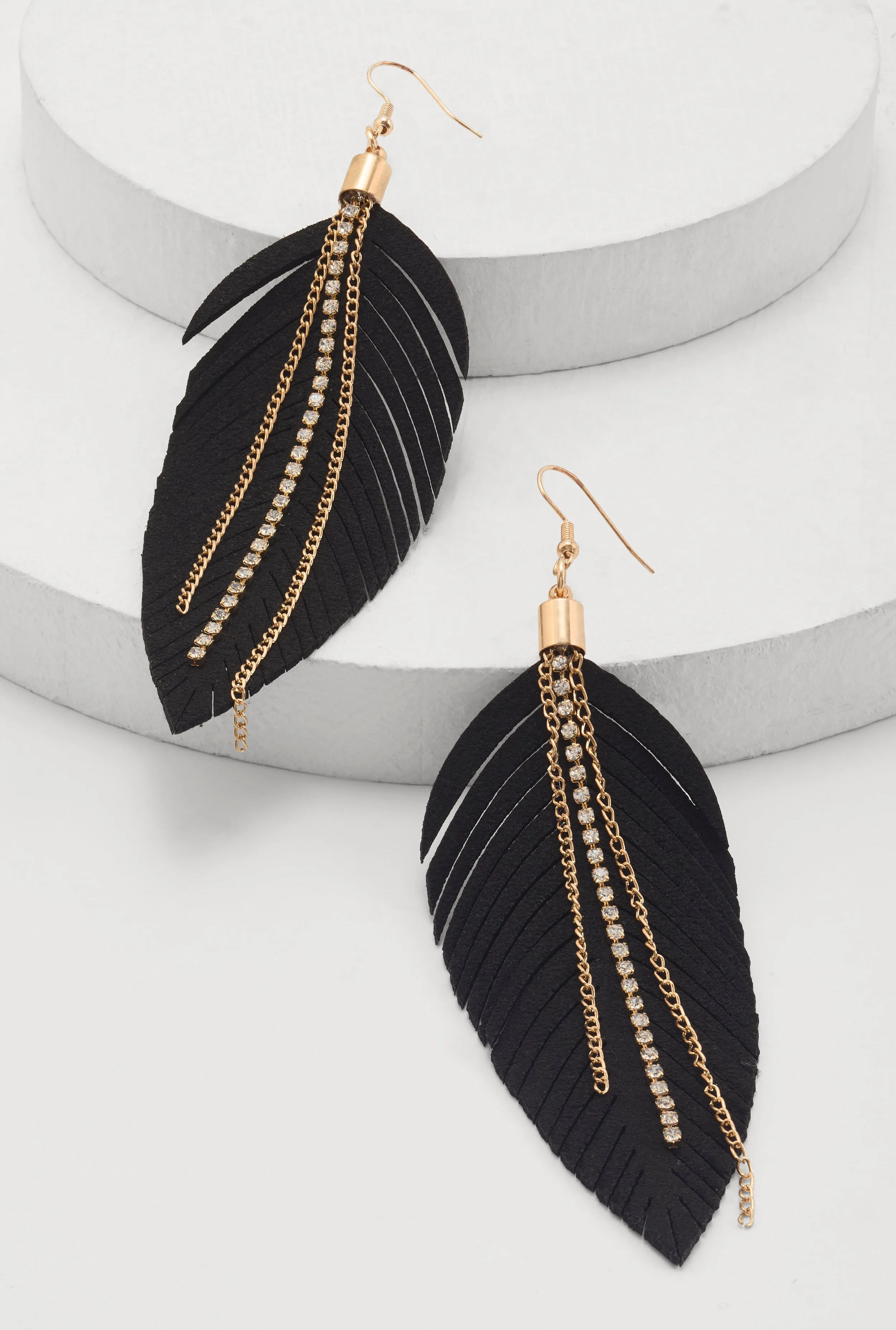 Rhinestone Chain Fringe Leaf Drop Earrings sold by Rainbow