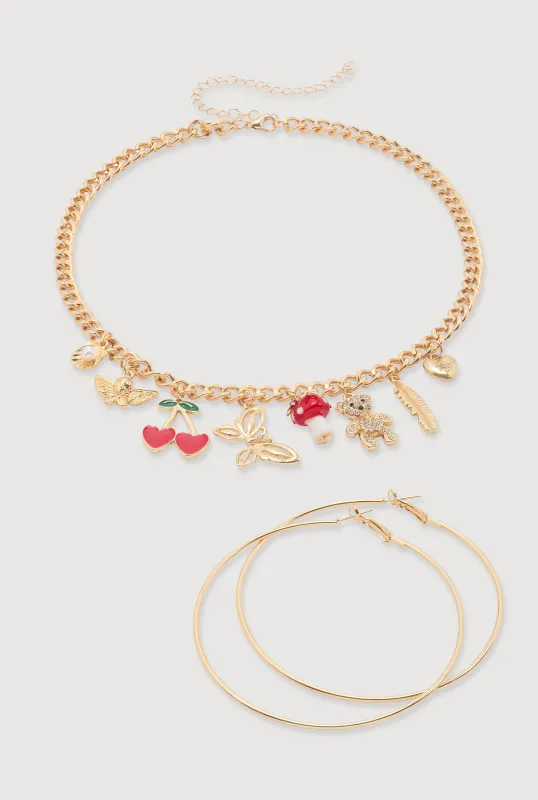 Cherries Y2K Charm Necklace and Hoop Earrings sold by Rainbow