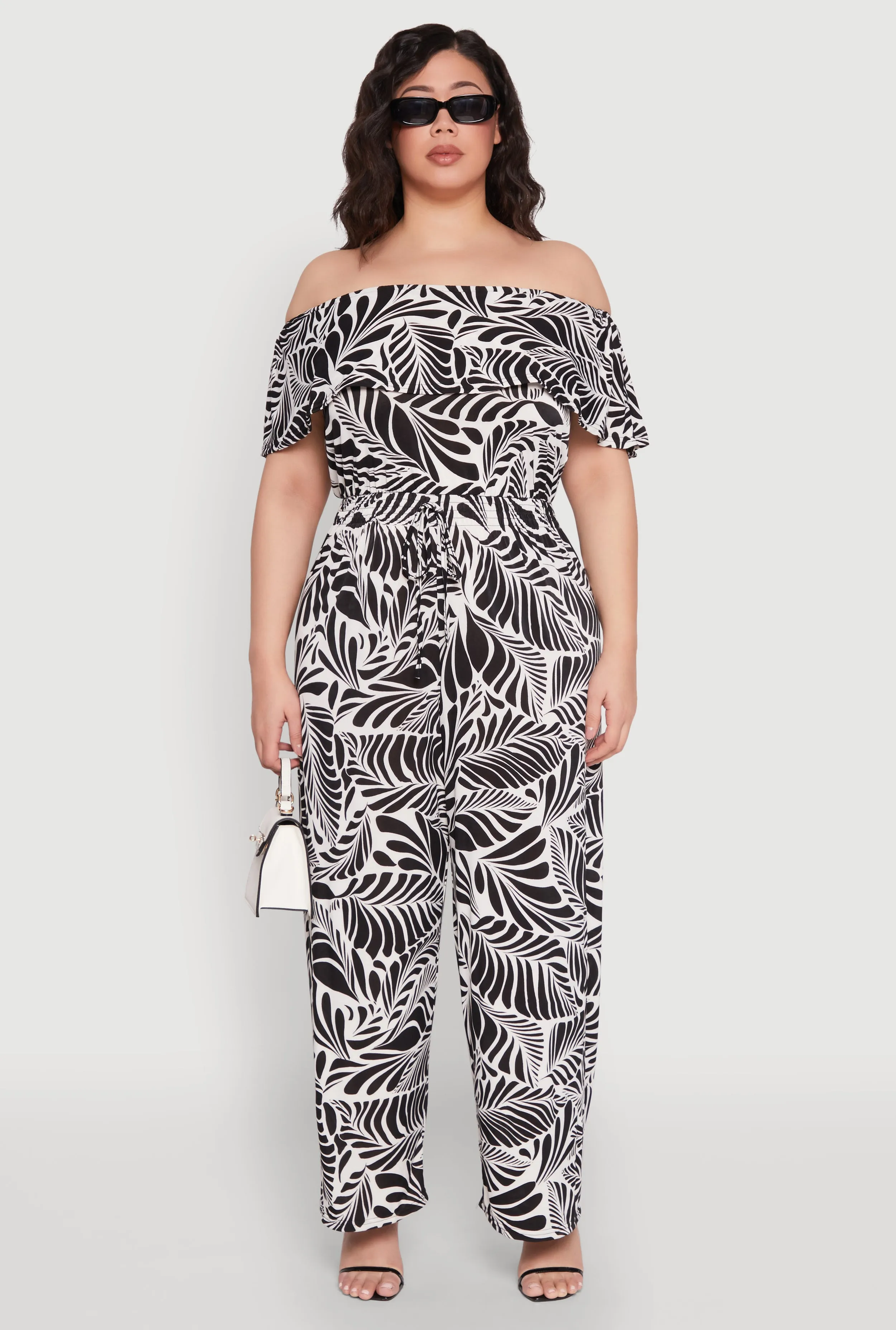 Plus Size Leaf Print Off the Shoulder Jumpsuit sold by Rainbow