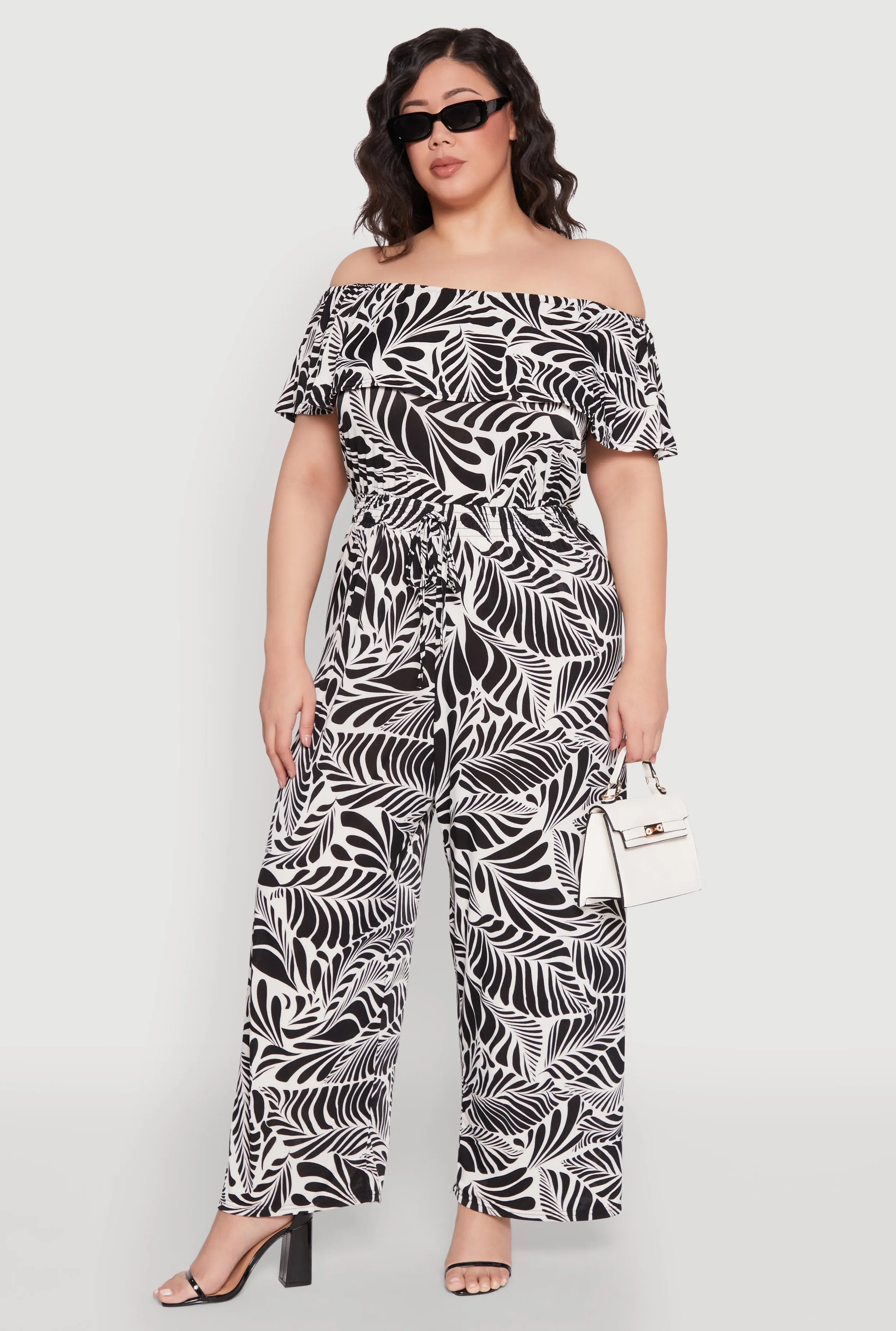 Plus Size Leaf Print Off the Shoulder Jumpsuit sold by Rainbow product image thumbnail 2