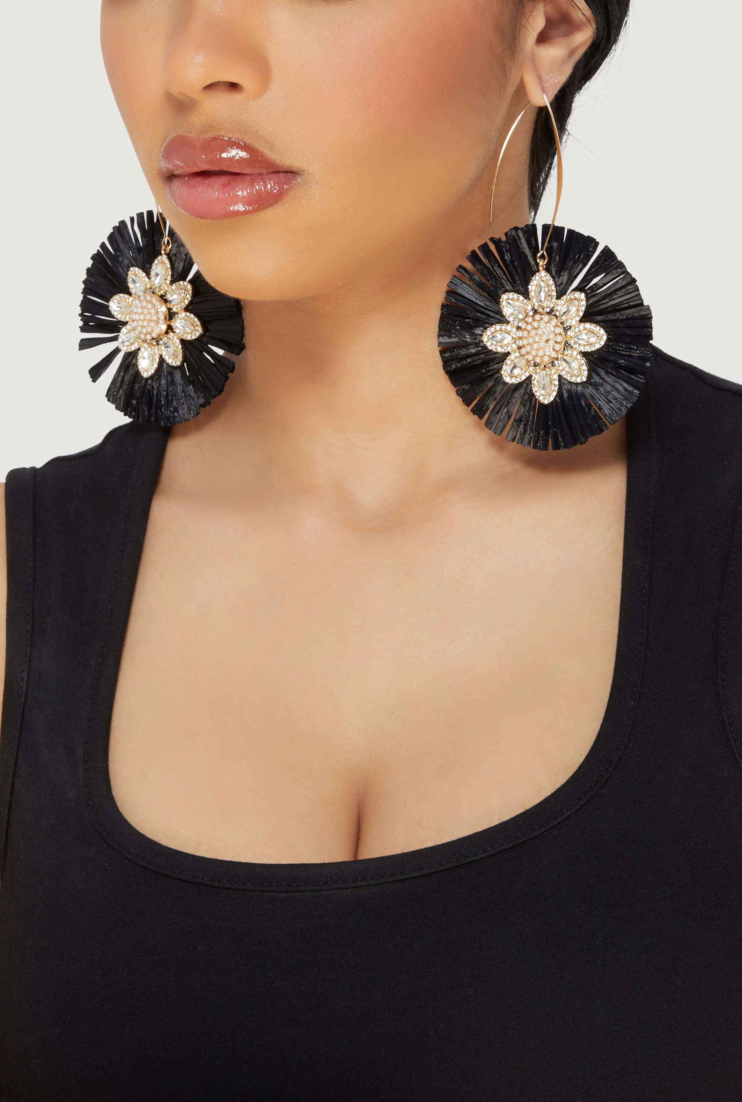 Faux Pearl Rhinestone Studded Raffia Flower Drop Earrings sold by Rainbow product image thumbnail 2