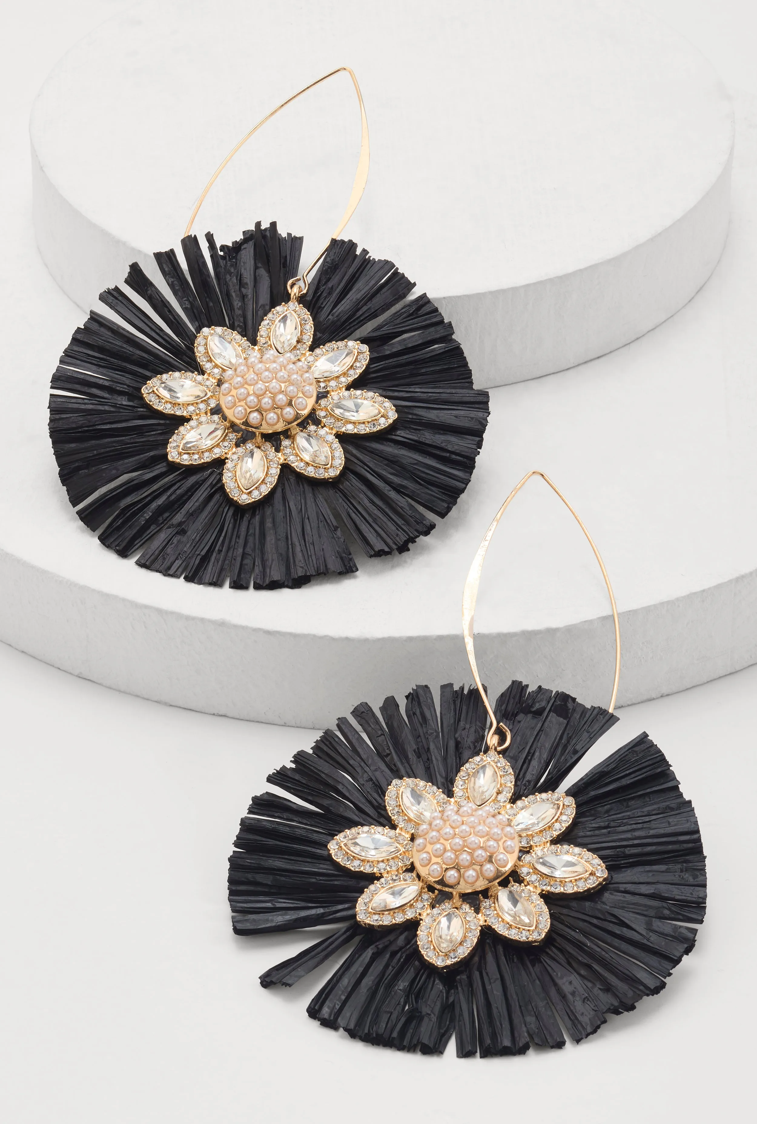 Faux Pearl Rhinestone Studded Raffia Flower Drop Earrings sold by Rainbow
