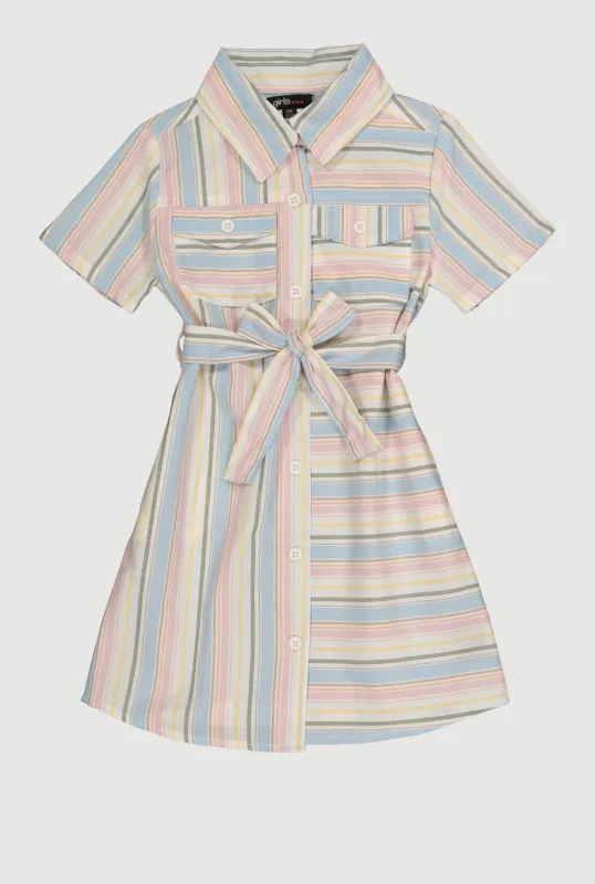 Little Girls Striped Tie Waist Belted Shirt Dress sold by Rainbow
