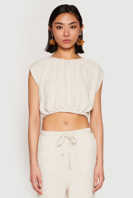 Linen Ruched Elastic Hem Crop Top sold by Rainbow