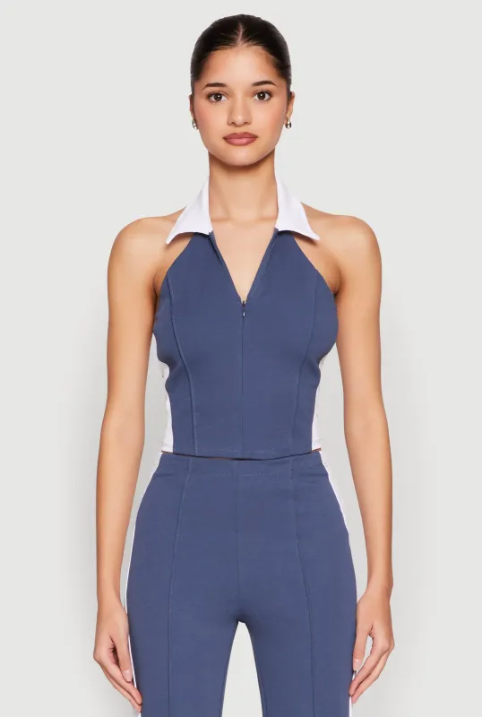 Color Blocked Collared Halter Crop Top sold by Rainbow