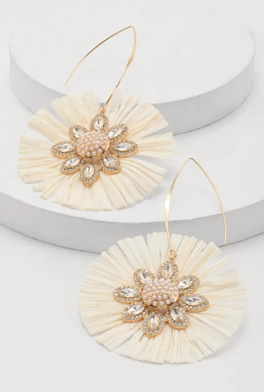 Faux Pearl Rhinestone Studded Raffia Flower Drop Earrings sold by Rainbow