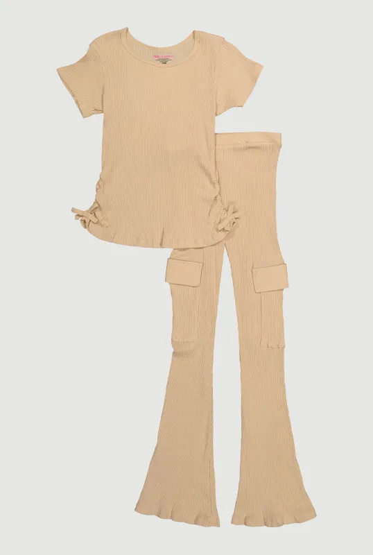 Girls Ribbed Knit Ruched Side Top and Cargo Flared Pants sold by Rainbow