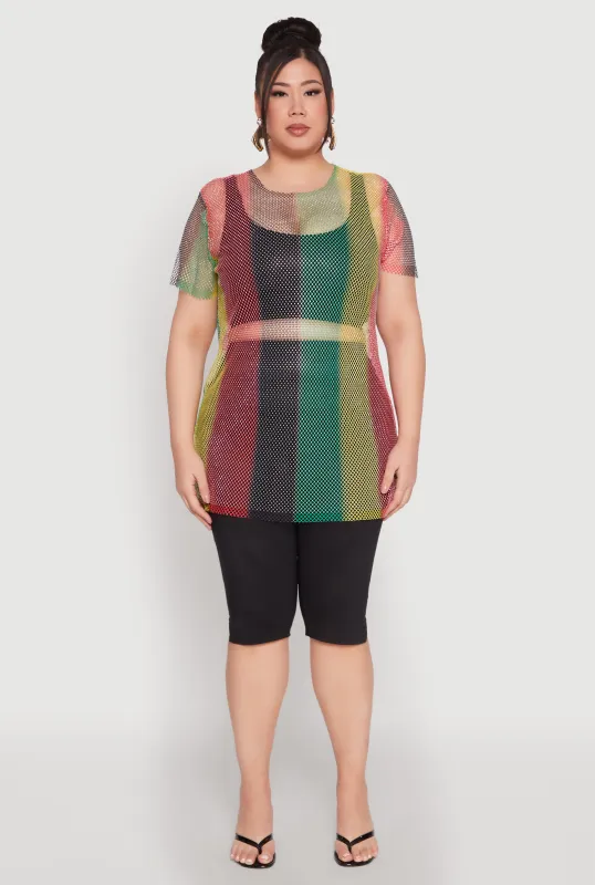 Plus Size Rhinestone Studded Fishnet Top sold by Rainbow