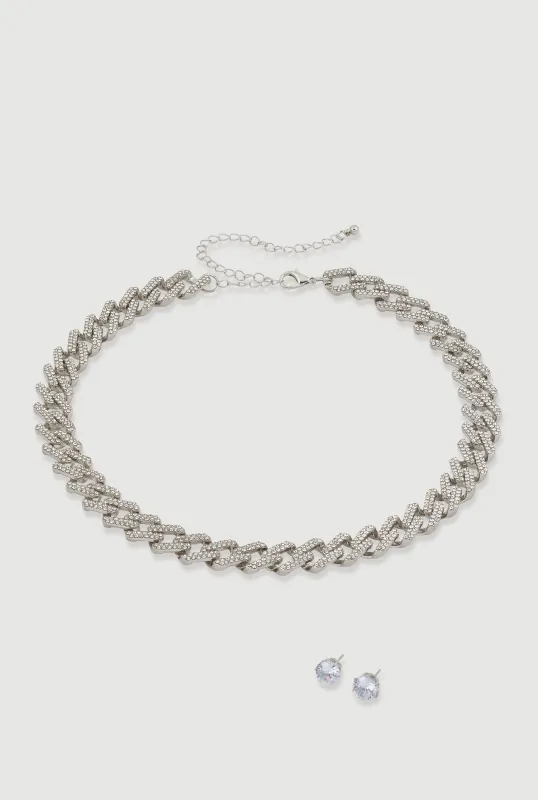 Cubic Zirconia Chain Link Necklace with Stud Earrings sold by Rainbow