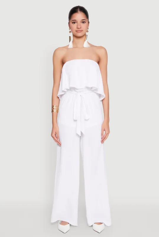 Crepe Knit Ruffle Overlay Tie Waist Jumpsuit sold by Rainbow