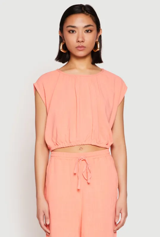 Linen Ruched Elastic Hem Crop Top sold by Rainbow