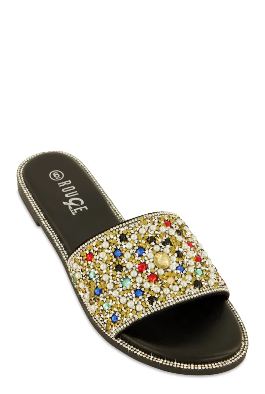 Faux Pearl Rhinestone Embellished Slide Sandals sold by Rainbow