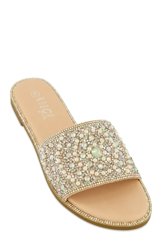 Faux Pearl Rhinestone Embellished Slide Sandals sold by Rainbow
