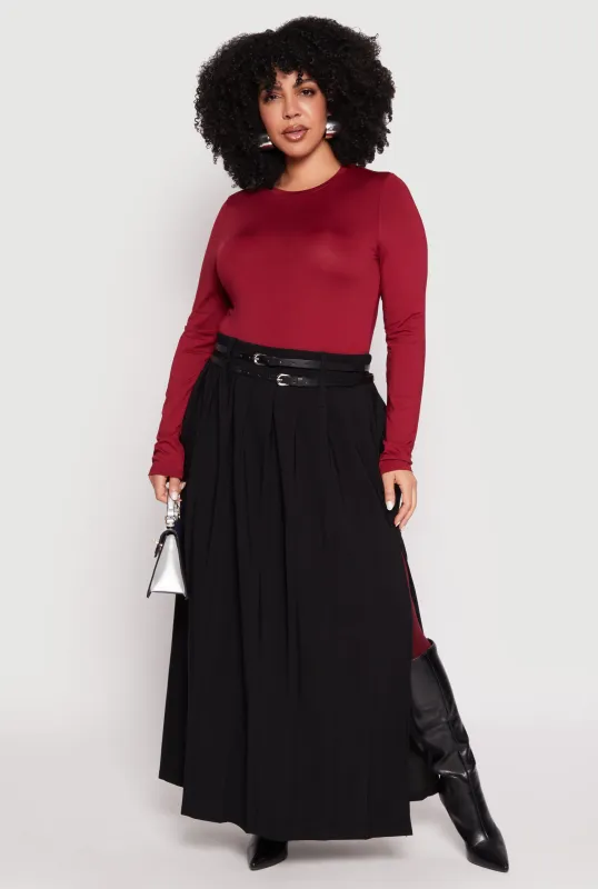 Plus Size Double Belted Side Slit Pleated Skirt sold by Rainbow
