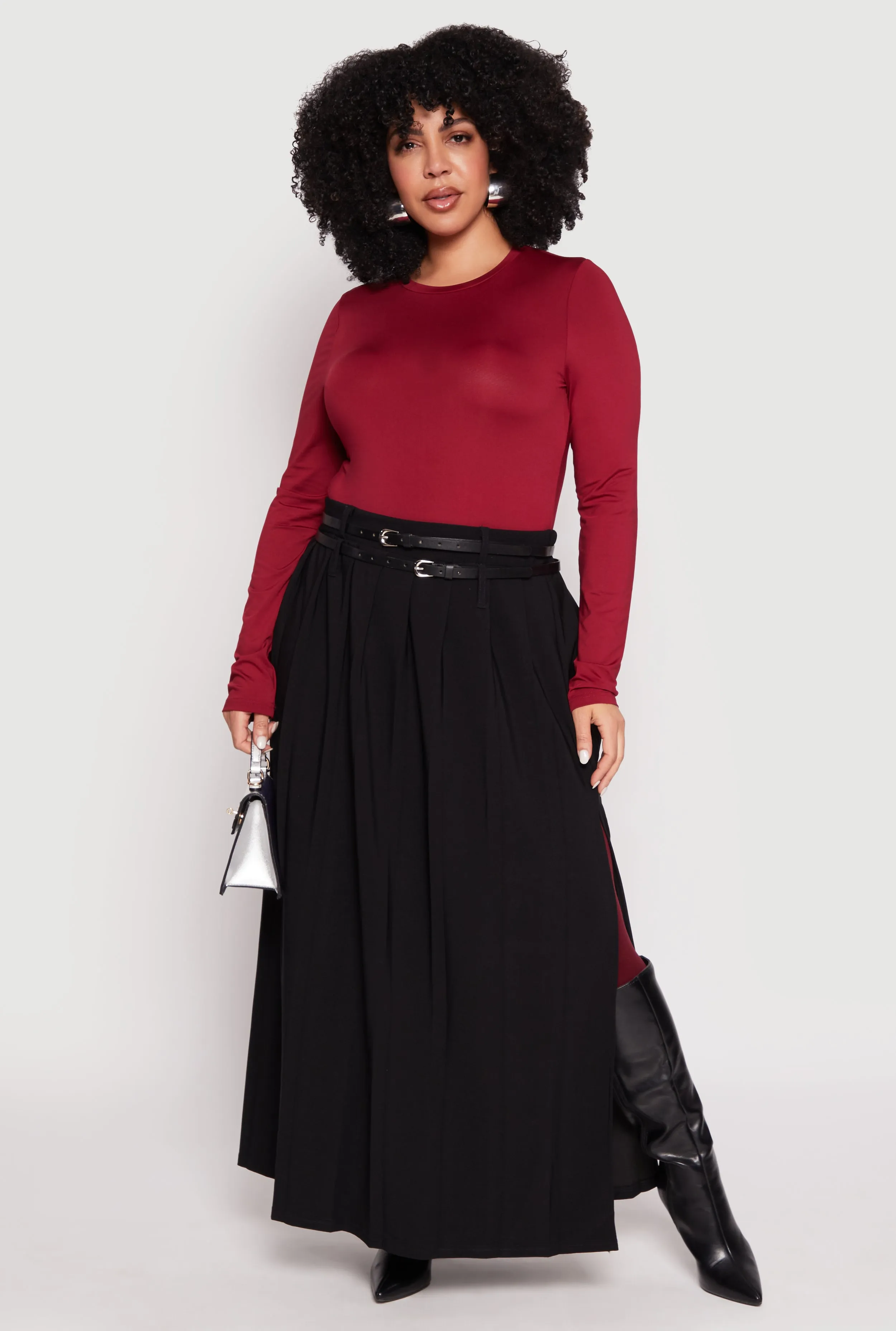 Plus Size Double Belted Side Slit Pleated Skirt sold by Rainbow