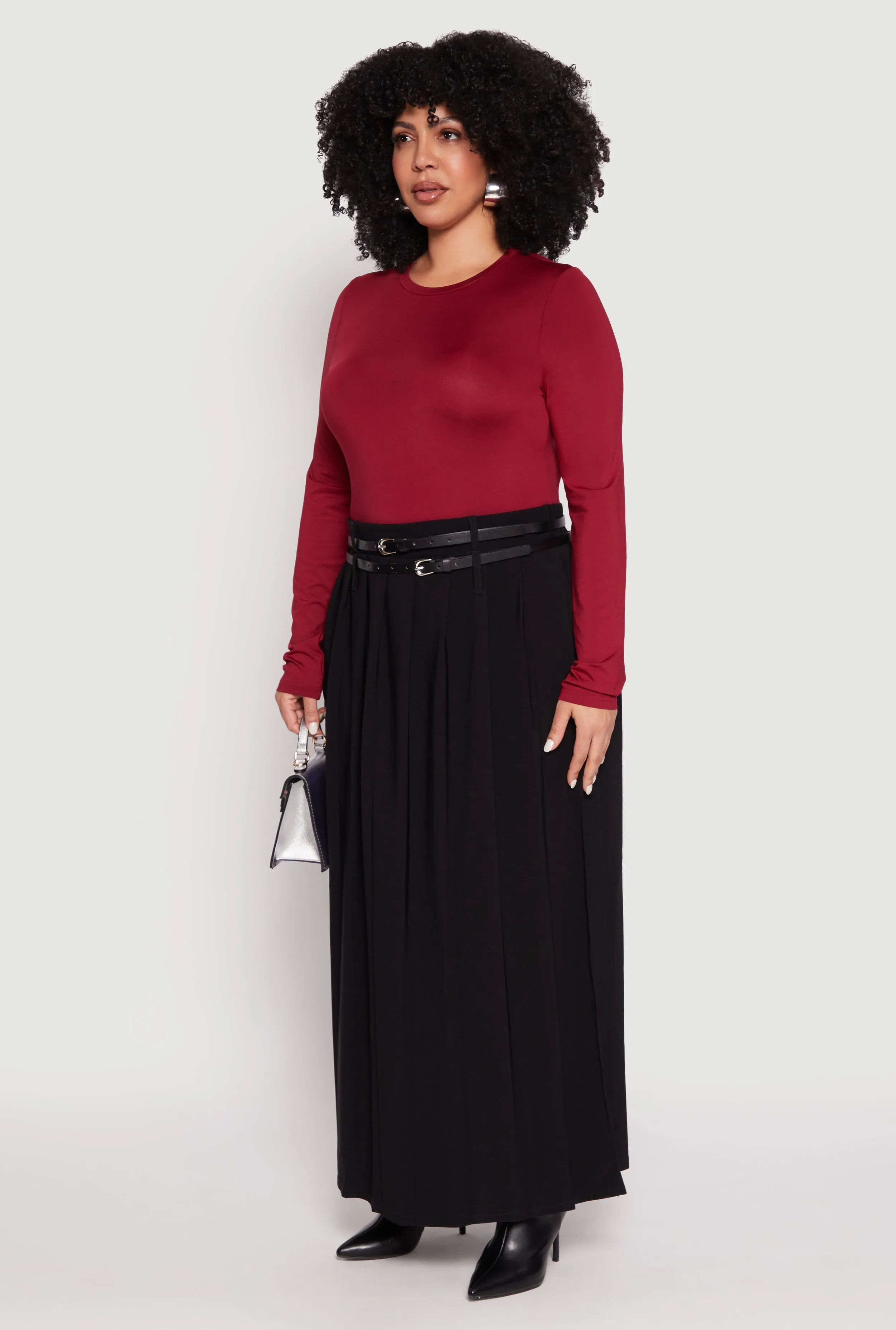 Plus Size Double Belted Side Slit Pleated Skirt sold by Rainbow product image thumbnail 3