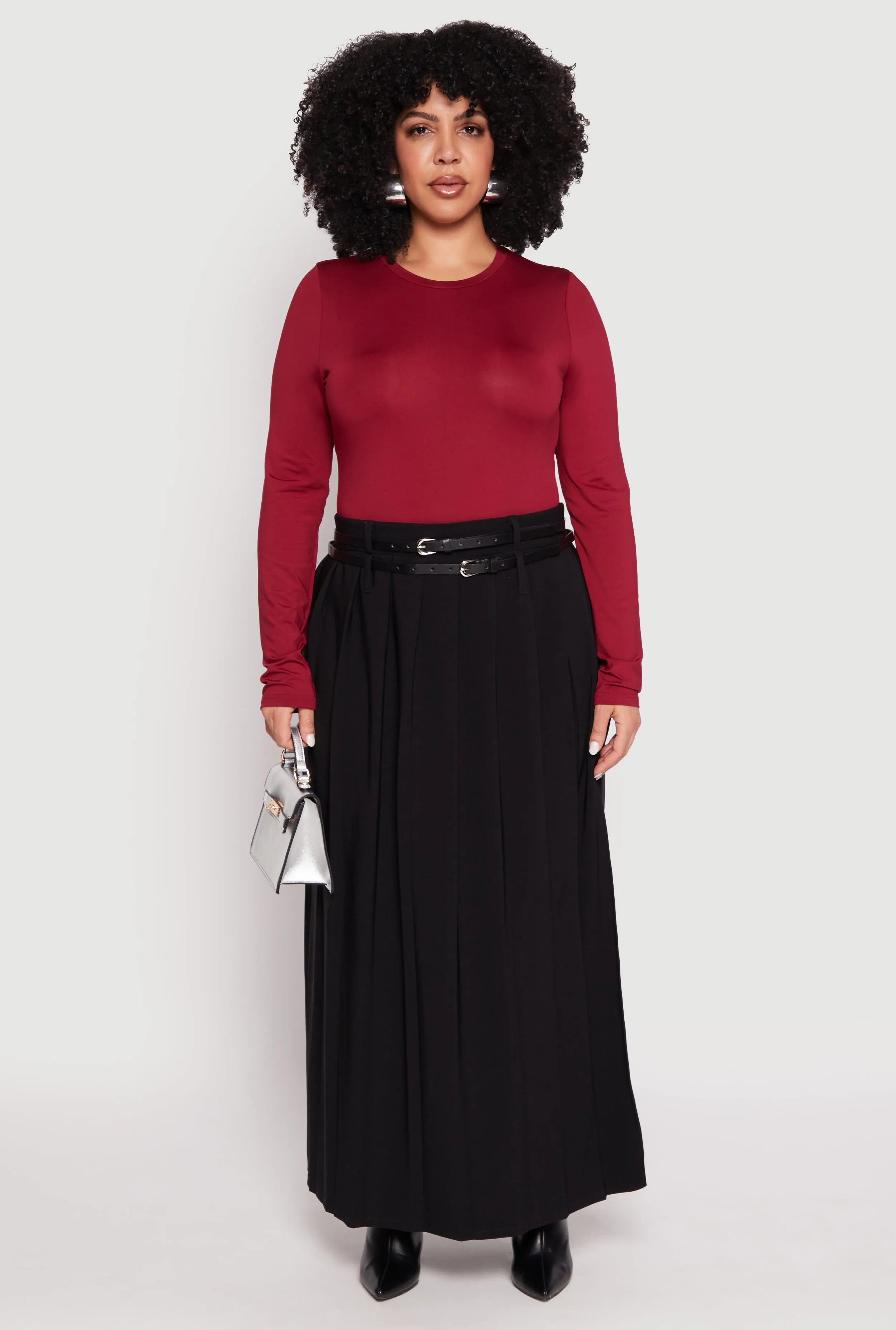 Plus Size Double Belted Side Slit Pleated Skirt sold by Rainbow product image thumbnail 2