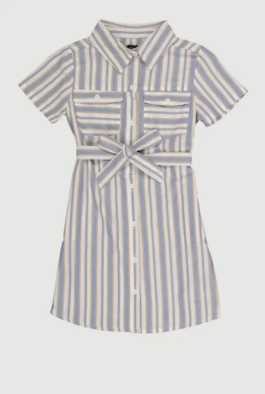 Girls Striped Short Sleeve Tie Front Shirt Dress sold by Rainbow