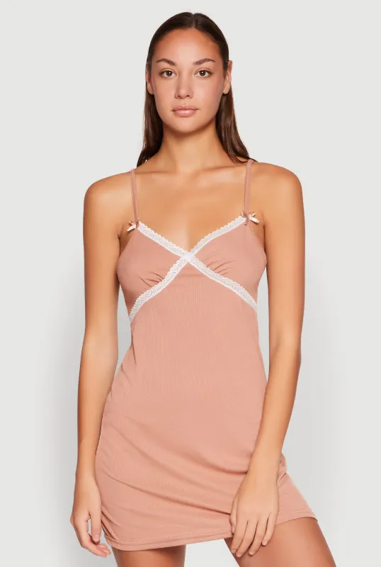 Ribbed Knit Lace Detail Cami Nightgown made by Rainbow