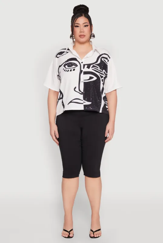 Plus Size Rhinestone Abstract Face Graphic Shirt sold by Rainbow