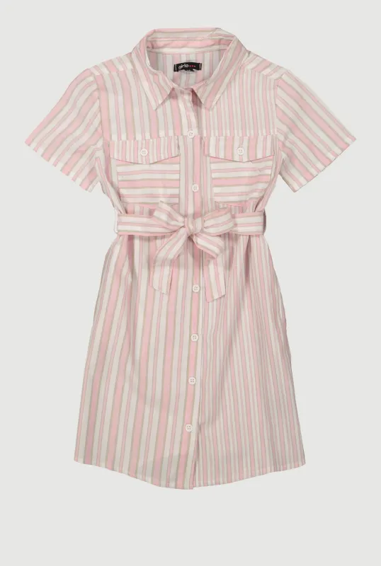 Girls Striped Tie Waist Belted Shirt Dress sold by Rainbow