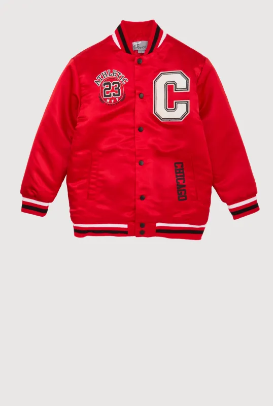 Boys Chenille Patch City Graphic Varsity Jacket sold by Rainbow