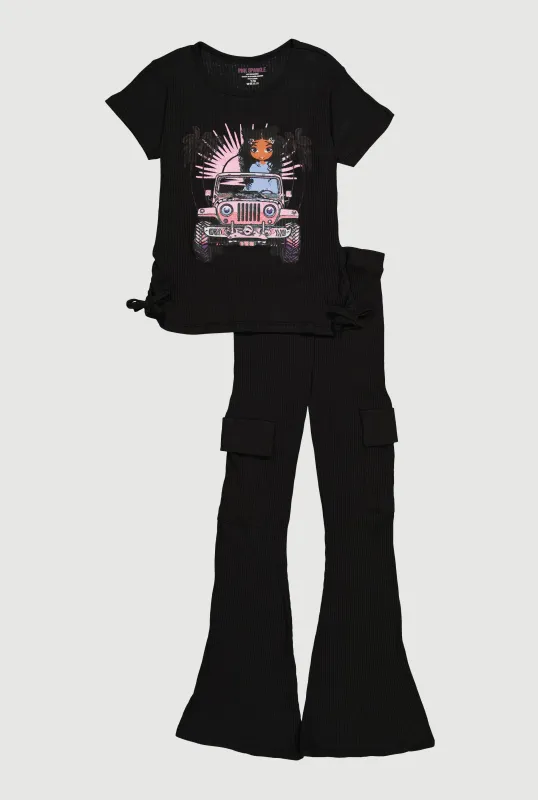 Girls Ribbed Knit Graphic Top and Cargo Flared Pants sold by Rainbow