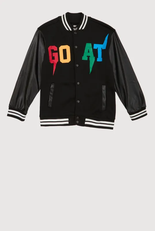 Boys Goat Graphic Faux Leather Sleeve Varsity Jacket sold by Rainbow