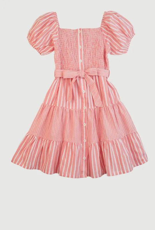 Girls Linen Smocked Button Front Tiered Dress sold by Rainbow