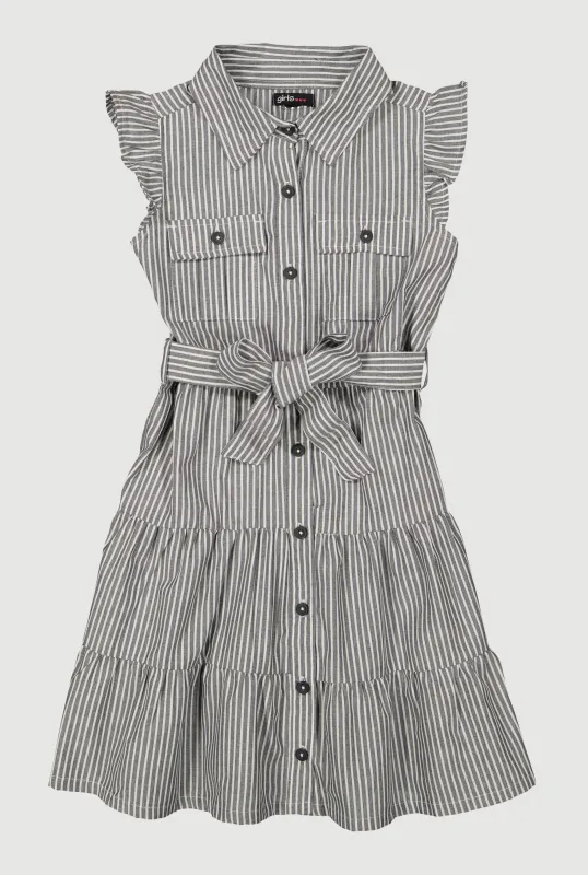 Girls Striped Tie Waist Tiered Shirt Dress sold by Rainbow
