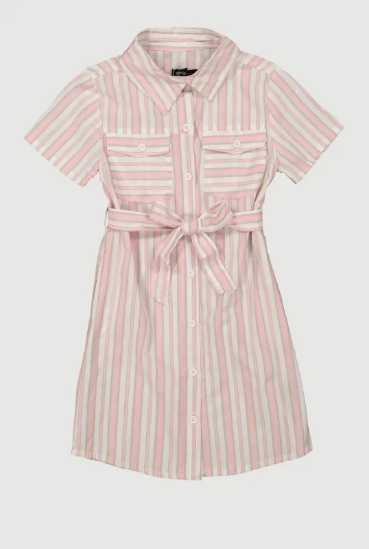 Girls Striped Short Sleeve Tie Front Shirt Dress sold by Rainbow