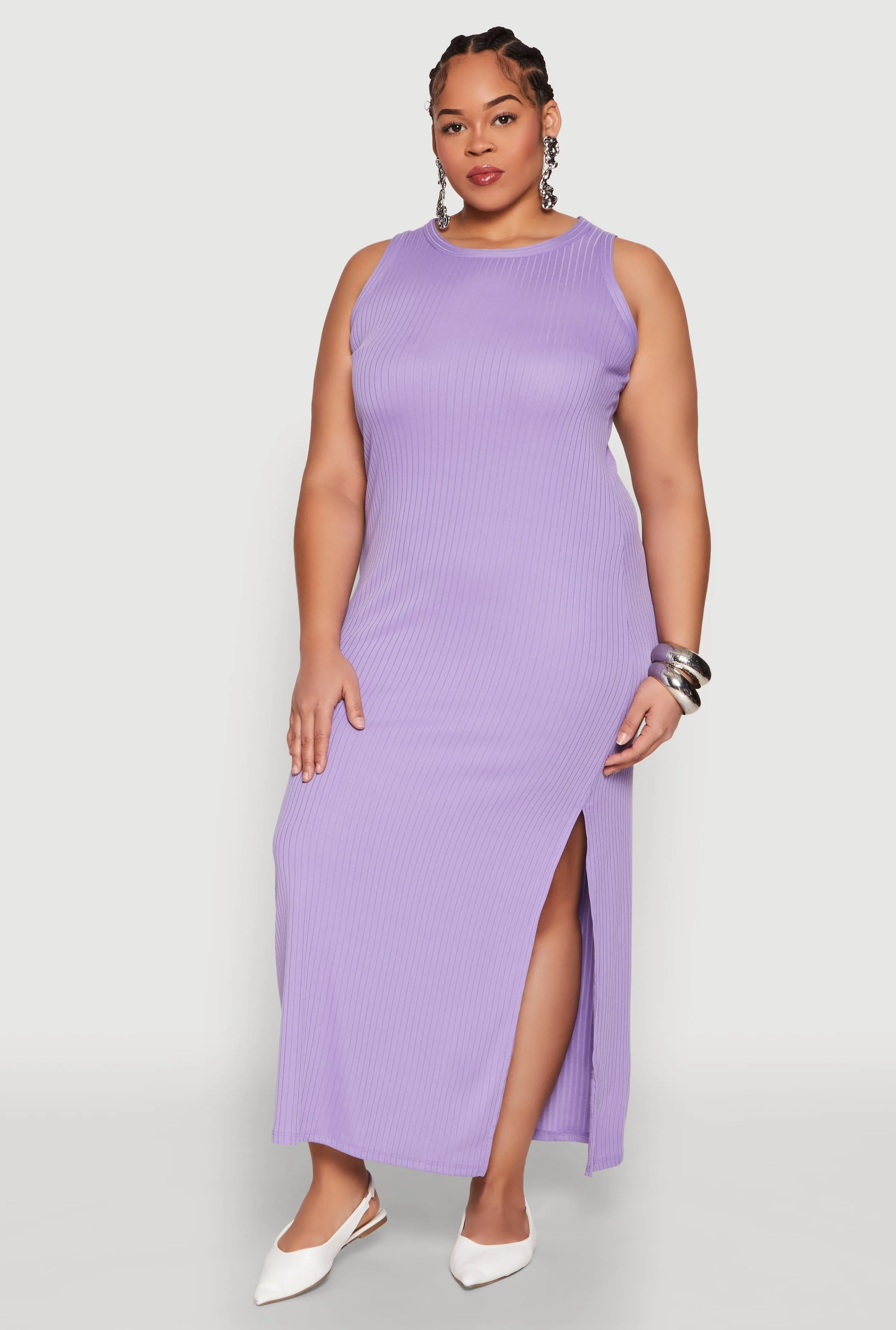 Plus Size Ribbed Knit Side Slit Maxi Tank Dress sold by Rainbow