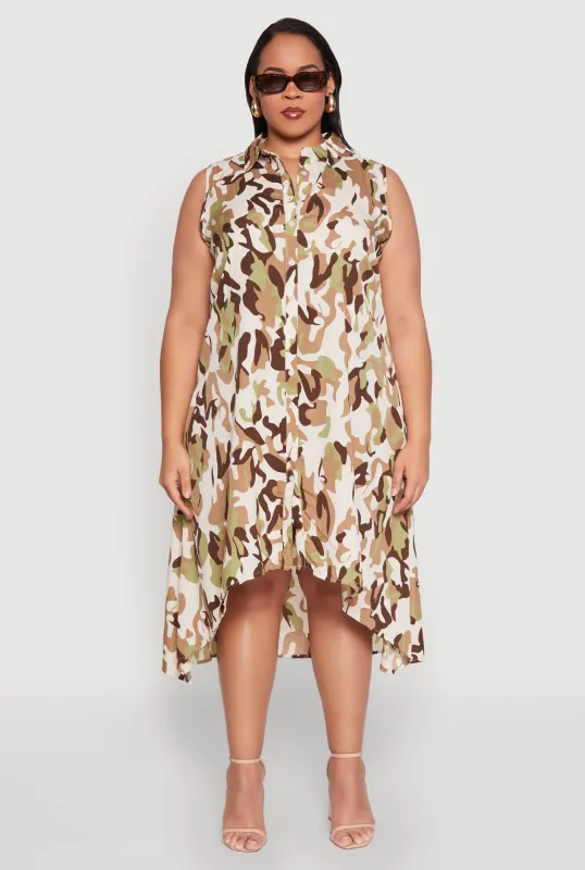 Plus Size Camo Sleeveless High Low Shirt Dress sold by Rainbow