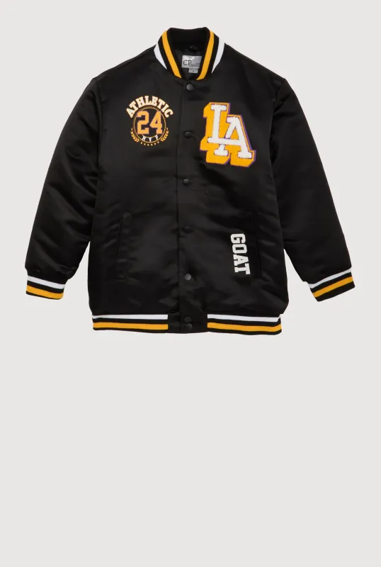 Boys Chenille Patch City Graphic Varsity Jacket sold by Rainbow