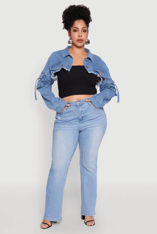 Plus Size Daisy Cargo Pocket Sleeve Cropped Jean Jacket sold by Rainbow