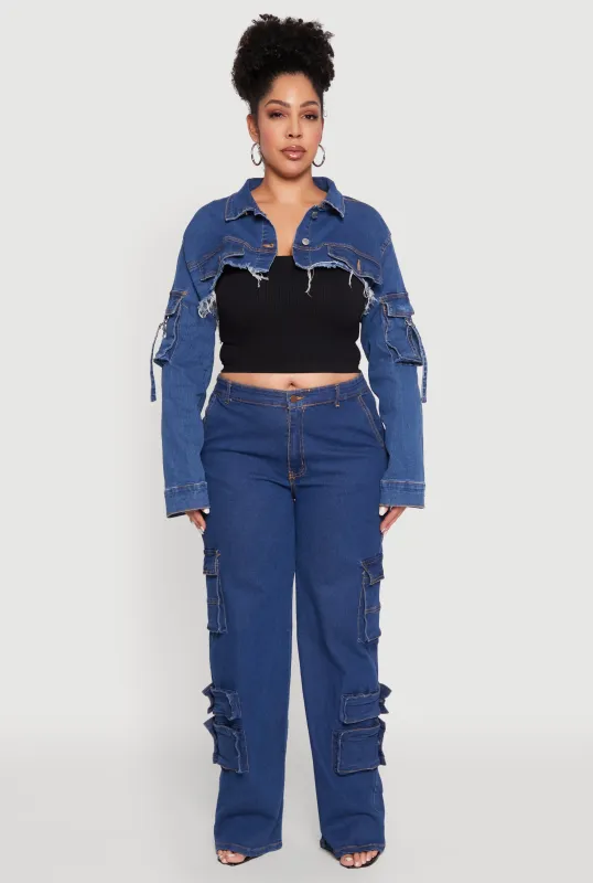 Plus Size Daisy Cargo Pocket Sleeve Cropped Jean Jacket sold by Rainbow
