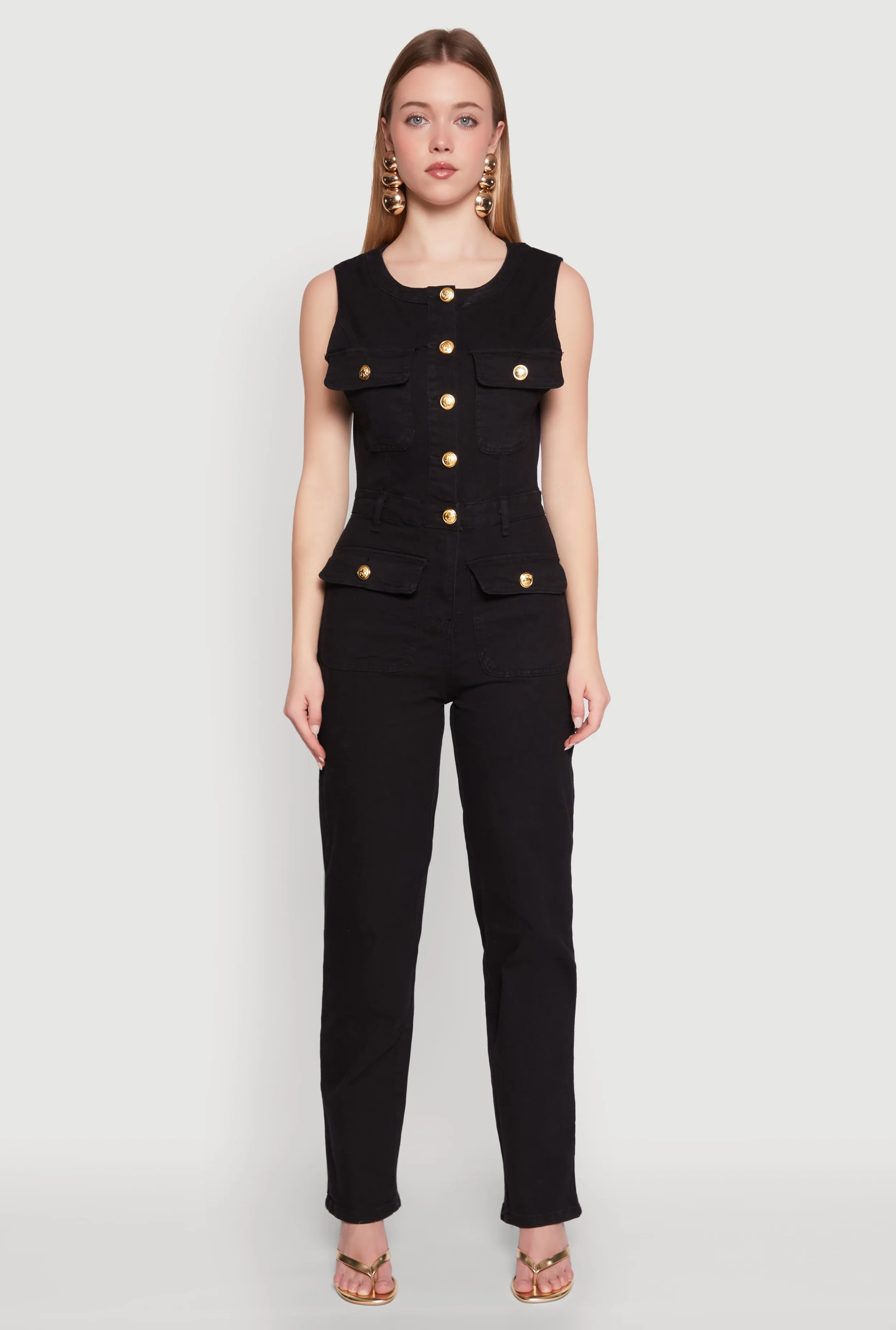 Daisy Sleeveless Button Front Denim Jumpsuit sold by Rainbow