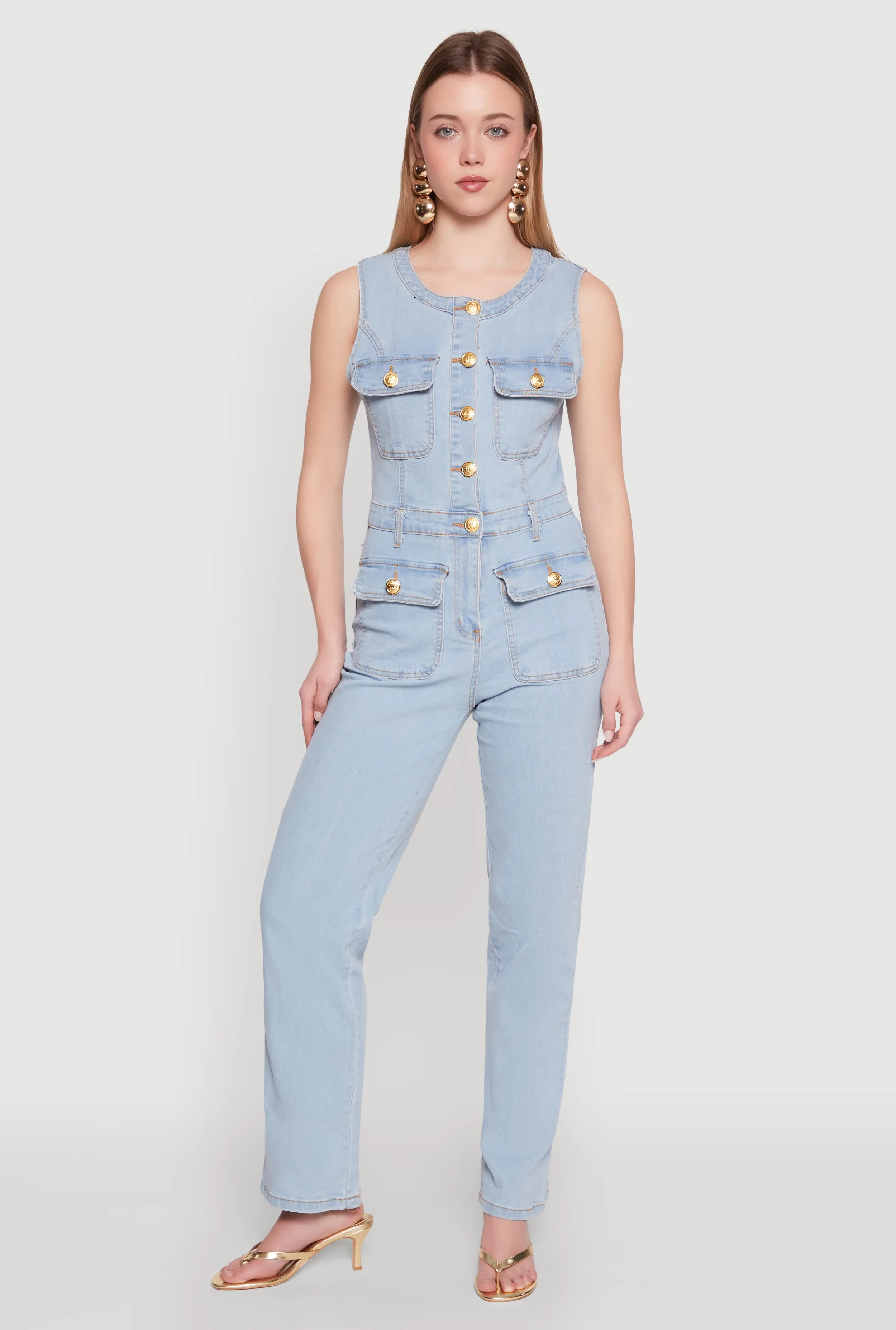 Daisy Sleeveless Button Front Denim Jumpsuit sold by Rainbow