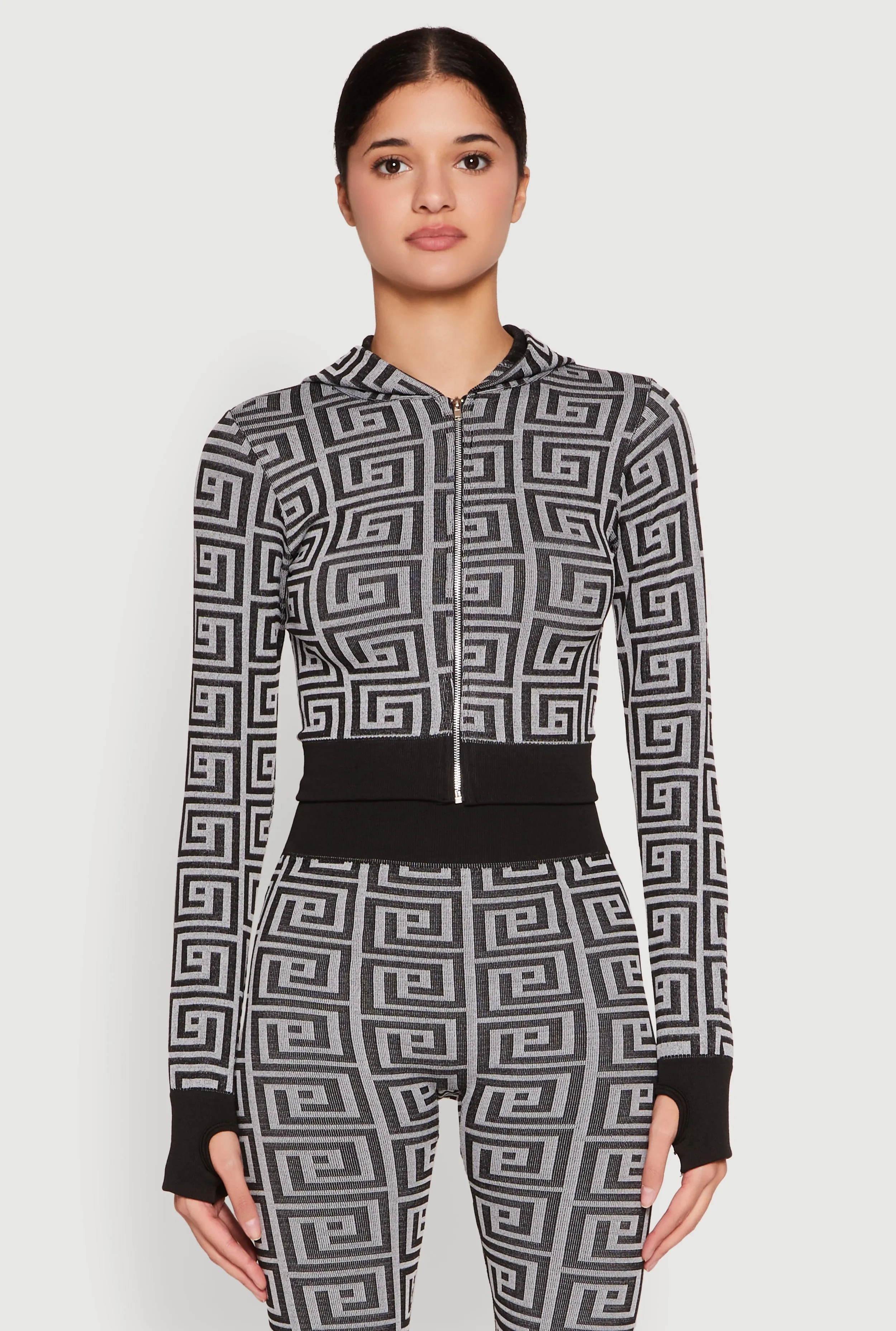 Color Block Greek Key Print Zip Front Hoodie sold by Rainbow