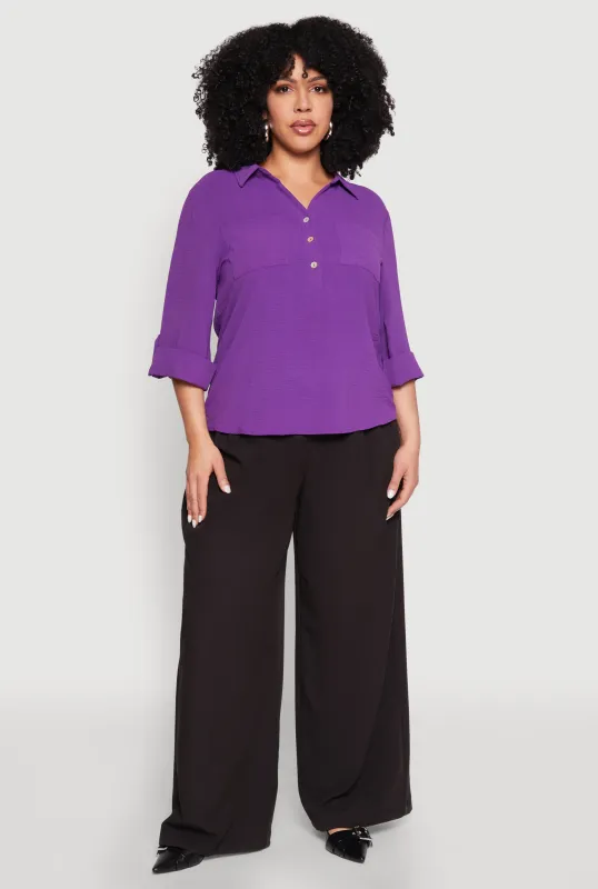 Plus Size Airy Half Button Shirt sold by Rainbow
