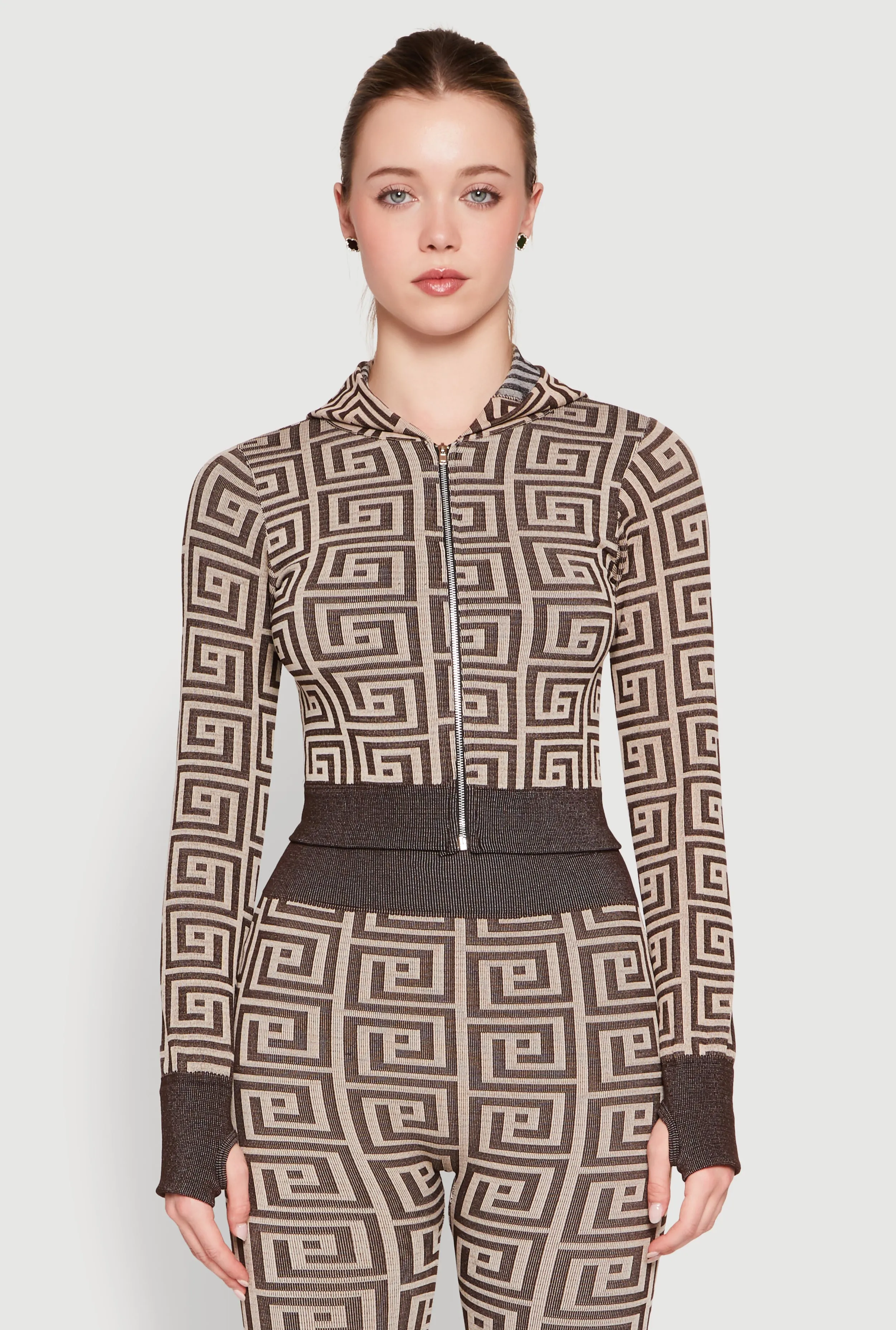 Color Block Greek Key Print Zip Front Hoodie sold by Rainbow