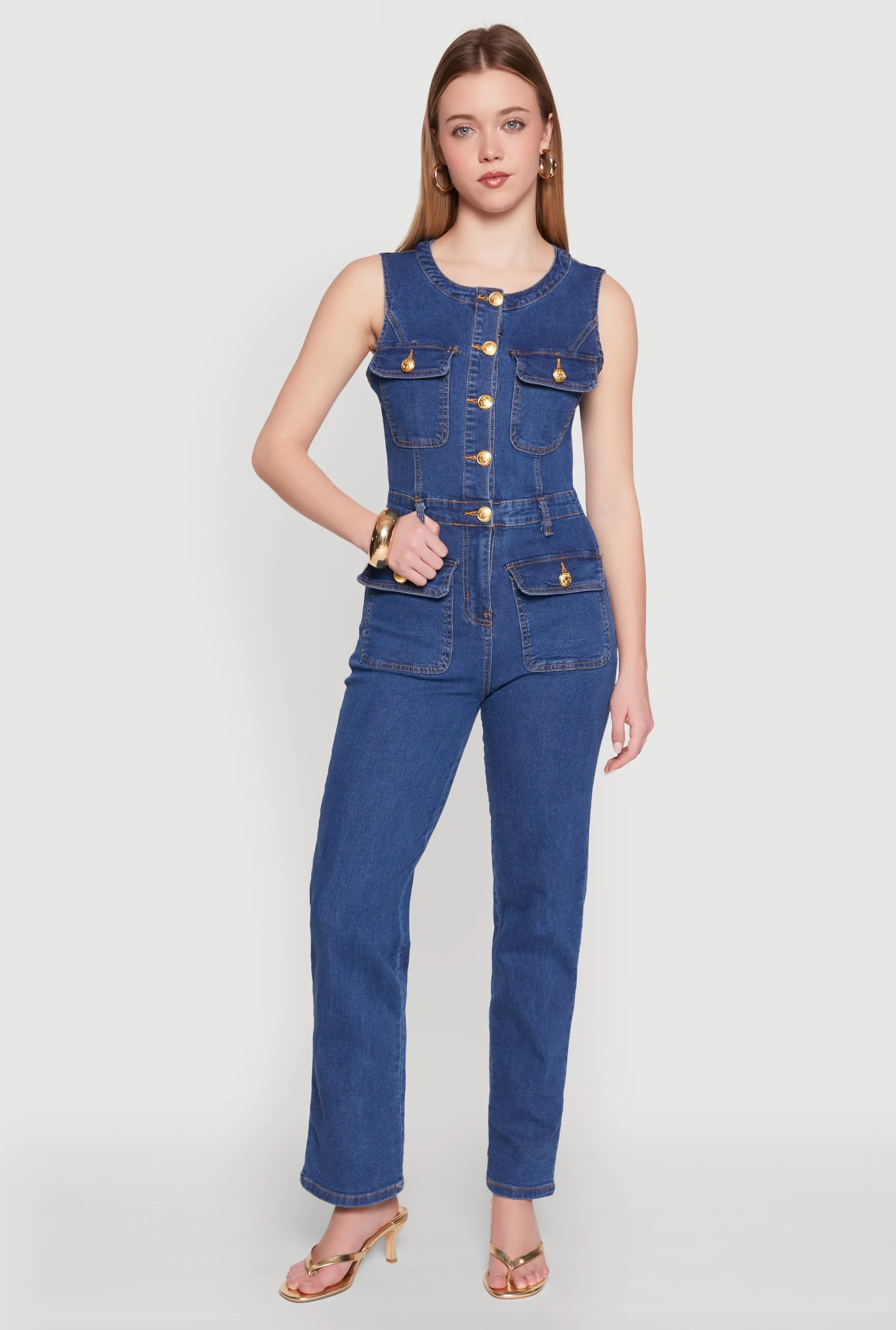 Daisy Sleeveless Button Front Denim Jumpsuit sold by Rainbow