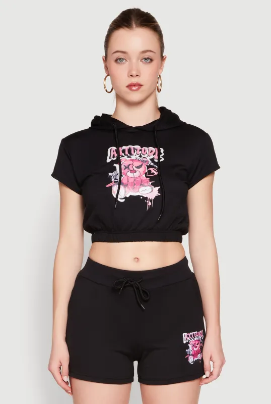 French Terry Bear Graphic Cropped Hoodie sold by Rainbow
