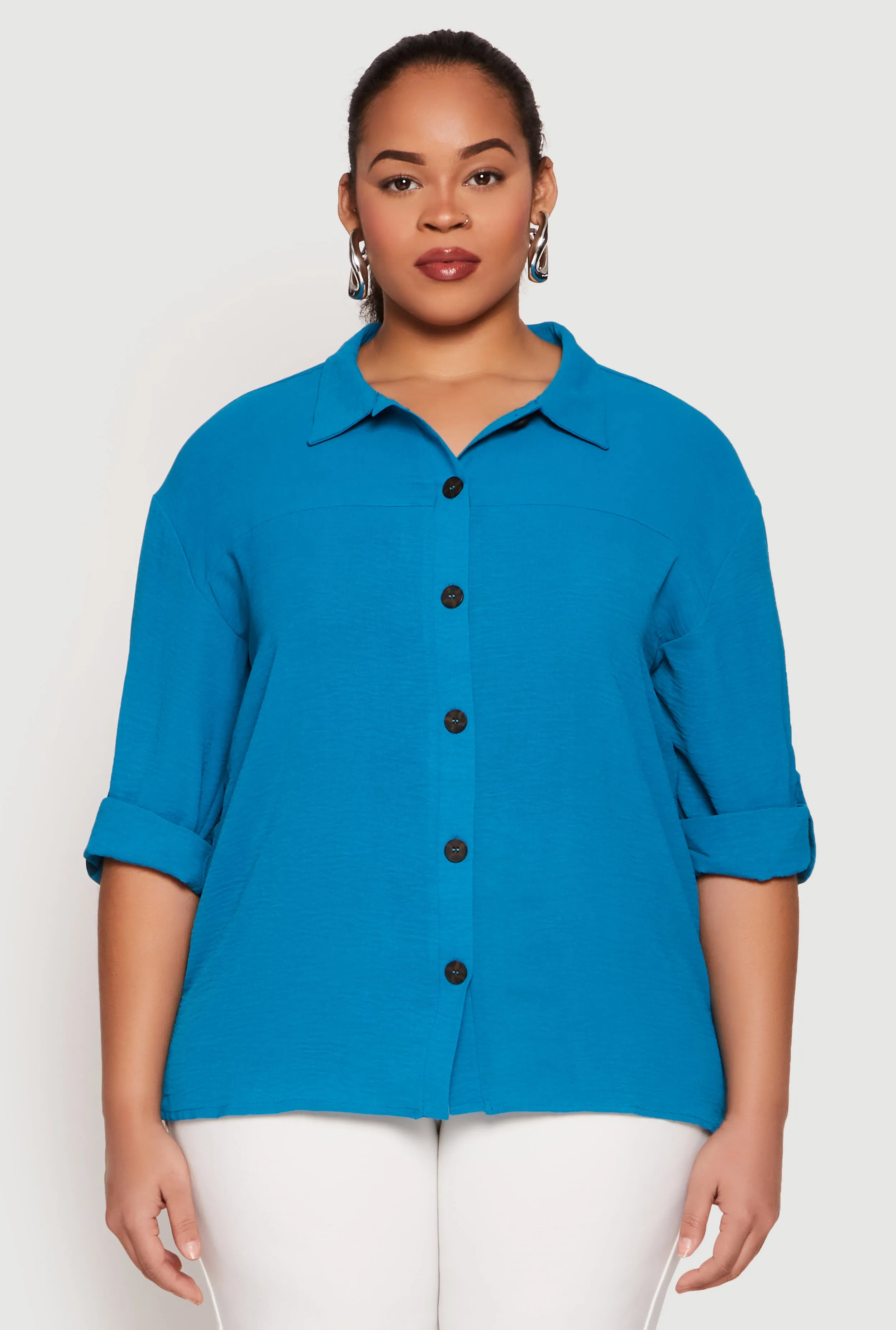 Plus Size Airy Crepe Knit Tabbed Sleeve Shirt sold by Rainbow product image thumbnail 2