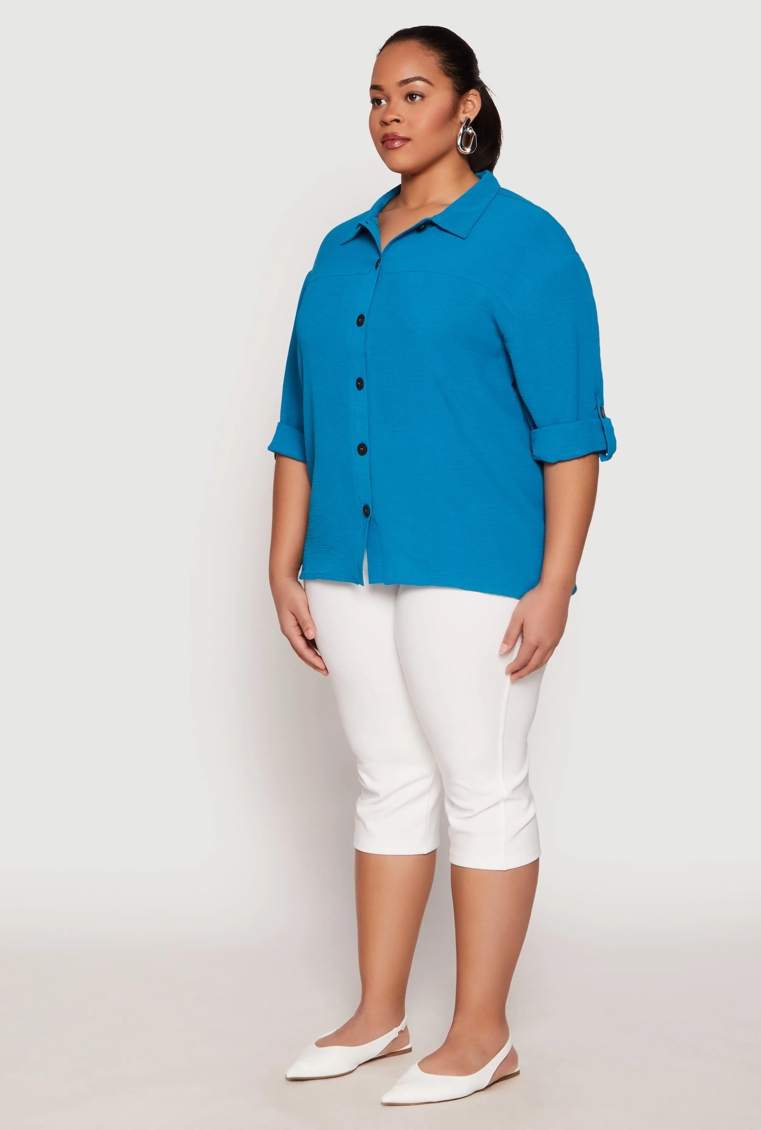 Plus Size Airy Crepe Knit Tabbed Sleeve Shirt sold by Rainbow product image thumbnail 5