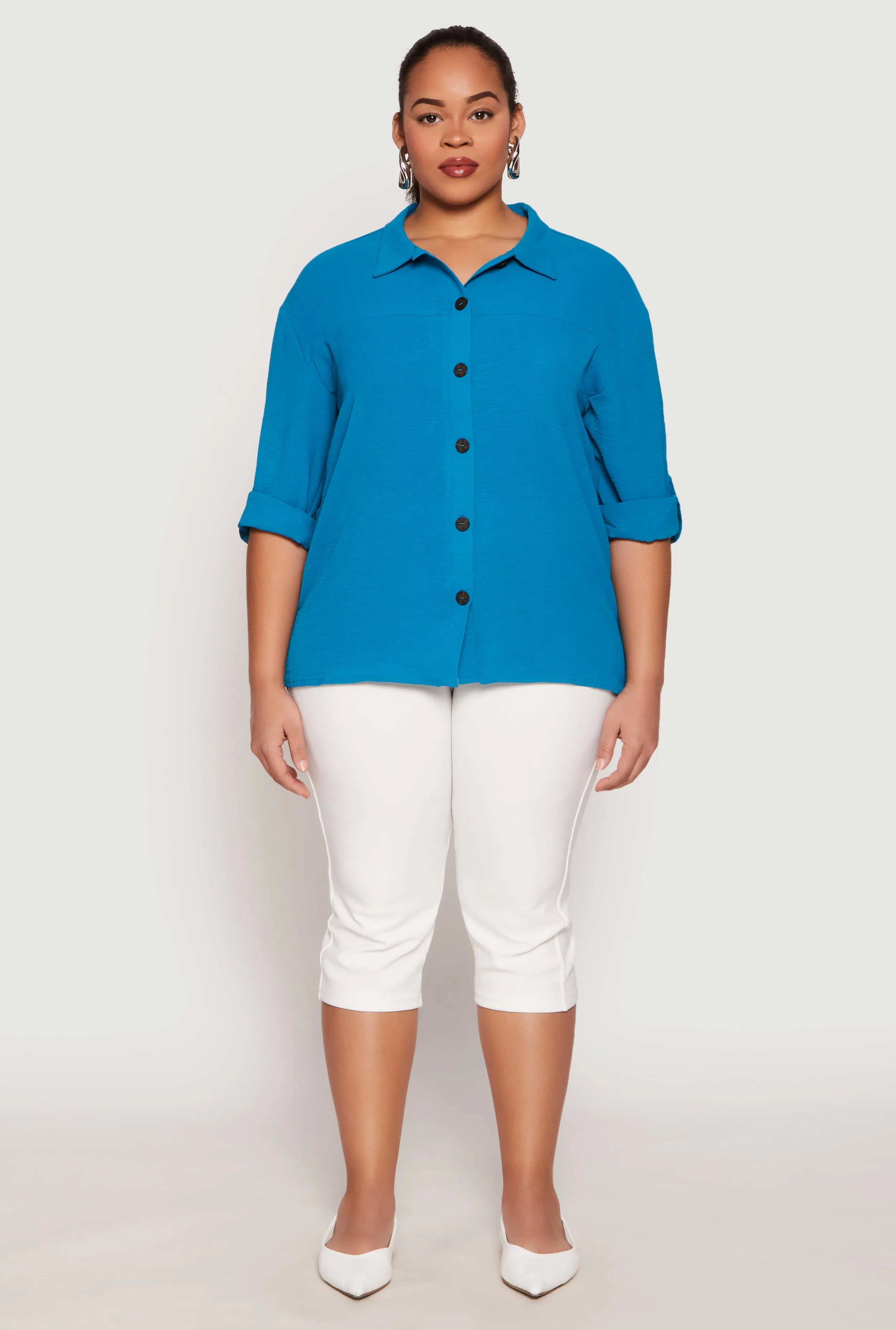 Plus Size Airy Crepe Knit Tabbed Sleeve Shirt sold by Rainbow