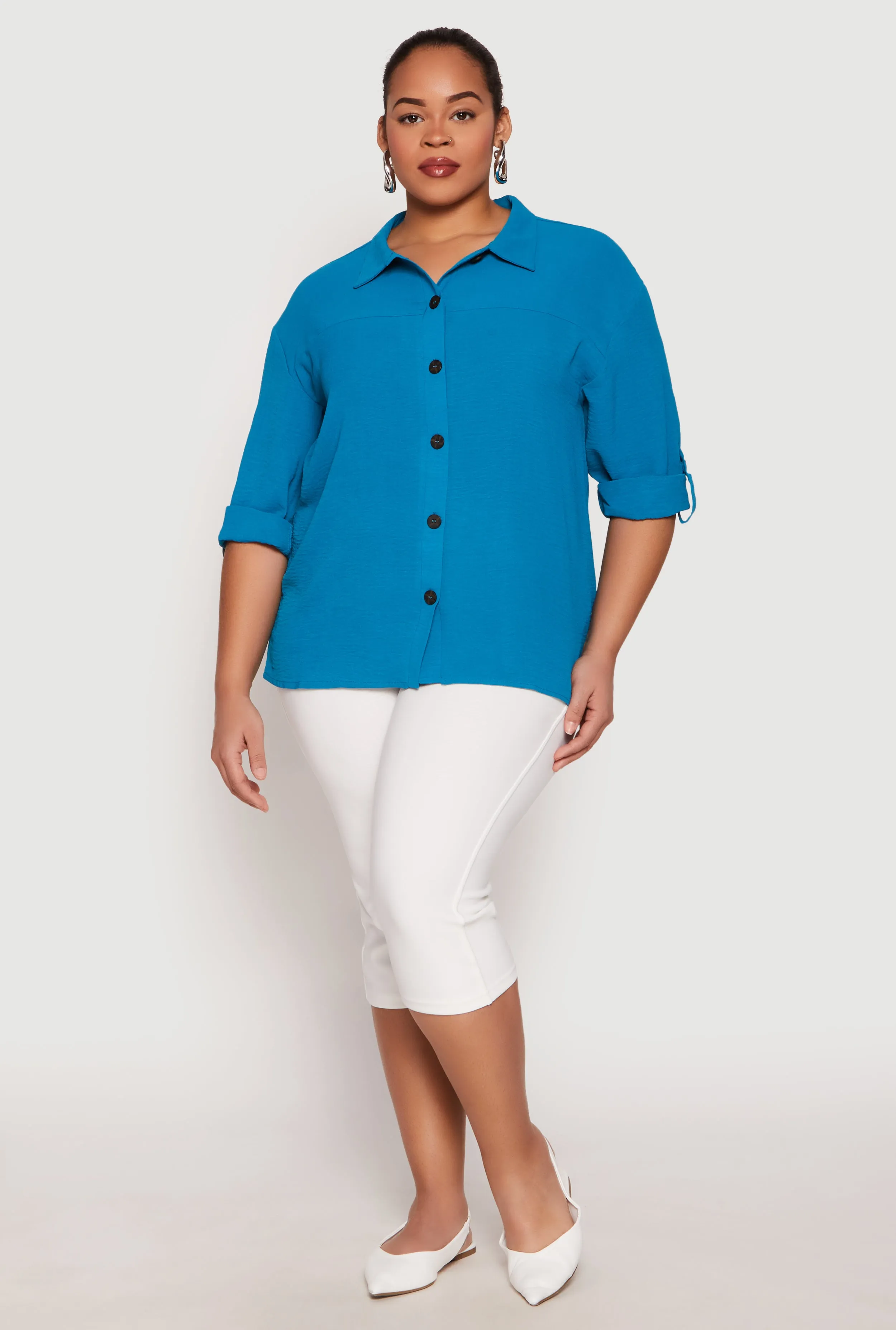 Plus Size Airy Crepe Knit Tabbed Sleeve Shirt sold by Rainbow product image thumbnail 3